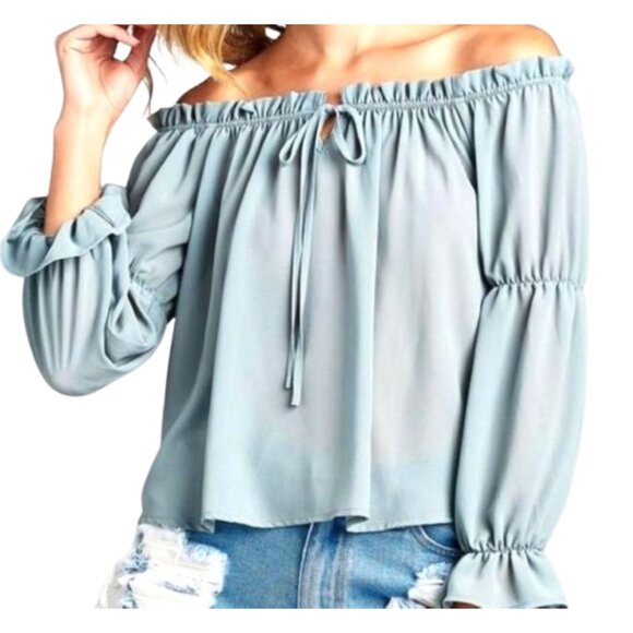 New w Tags Active USA Sage Green Off-Shoulder Peasant Style Blouse Large - Picture 8 of 8